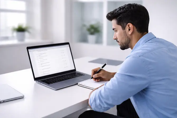 Candidato respondiendo examen psicométrico en línea desde laptop en entorno de oficina durante proceso de reclutamiento