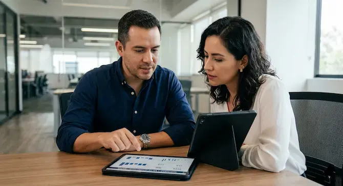 Dos profesionales mexicanos revisando datos de seguridad y salud ocupacional en una tablet dentro de una oficina corporativa moderna