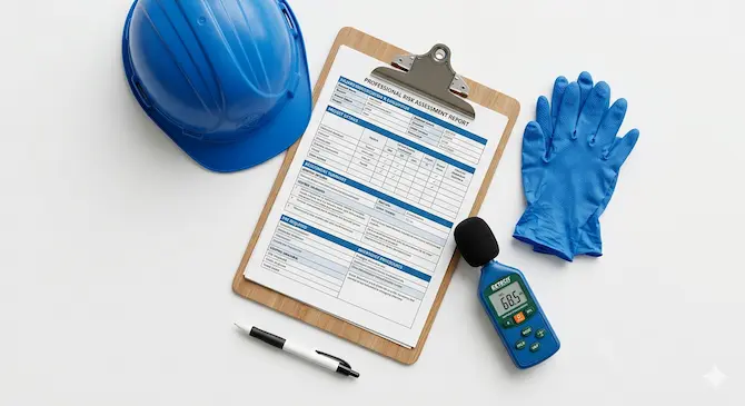 Herramientas de evaluación de riesgos laborales: casco azul de seguridad, clipboard con reporte de identificación de peligros, guantes de nitrilo azules y sonómetro digital sobre superficie blanca