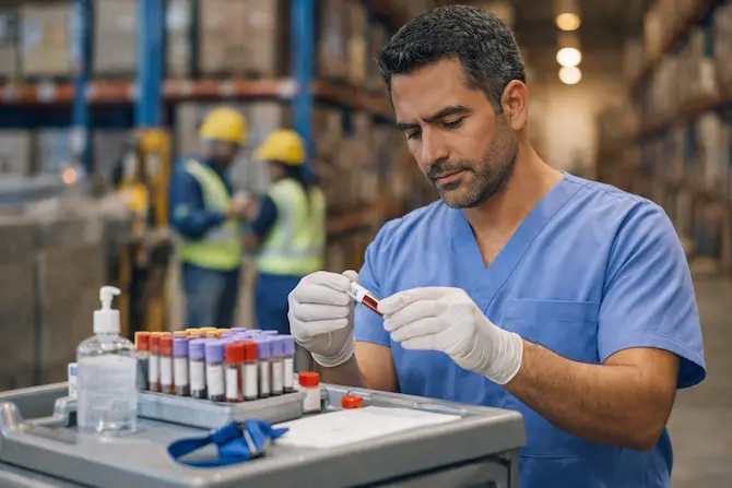 Técnico de laboratorio etiquetando tubos de muestras de sangre en unidad móvil dentro de planta industrial durante las brigadas de salud para empresas