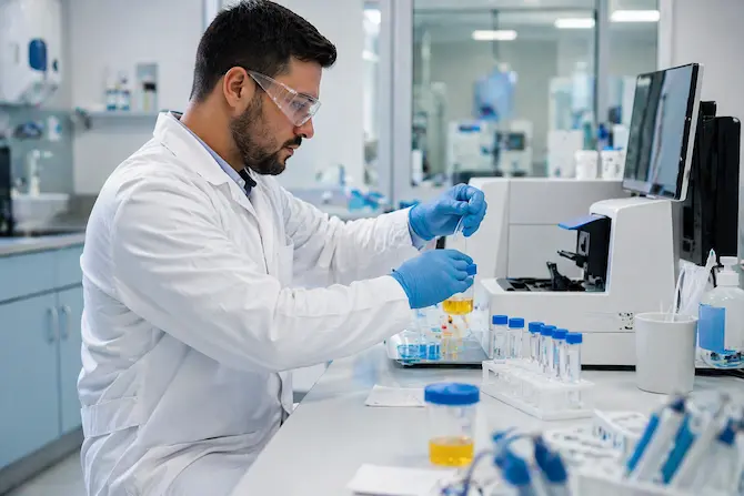Técnico de laboratorio procesando muestra para examen toxicológico como parte del control de confianza