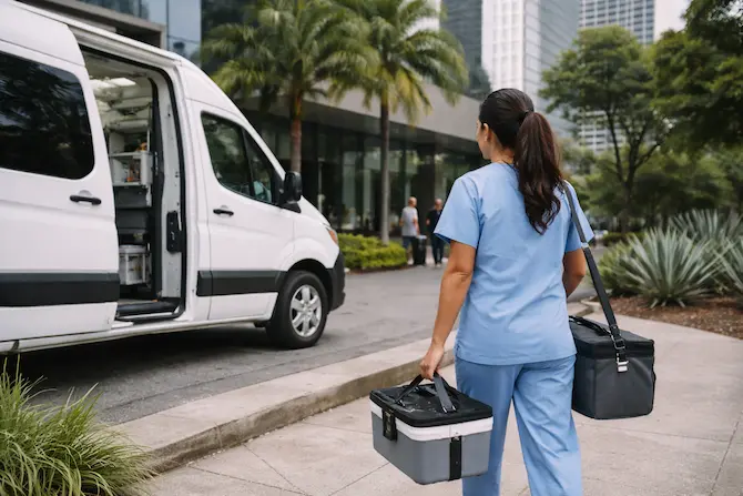 Técnica de salud con maletín de muestras llegando a edificio corporativo como parte del servicio de laboratorio móvil de Diagnose