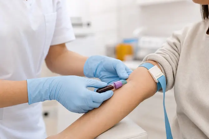 Enfermera realizando extracción de sangre del brazo para análisis de proteína C reactiva.