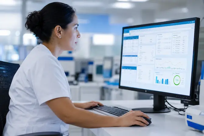 Técnica de laboratorio frente a pantalla con expediente clínico electrónico en sistema de gestión médica, ilustrando la digitalización de la historia clínica en México.