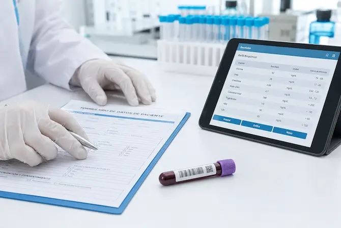 Mesa de laboratorio con formulario de datos de paciente, tubo de muestra de sangre y pantalla con resultados clínicos, mostrando los componentes del expediente clínico.