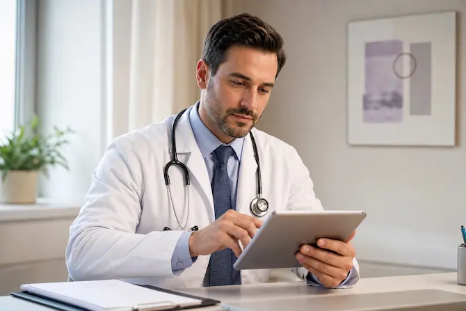Médico revisando resultados de laboratorio clínico en tableta dentro de consultorio.