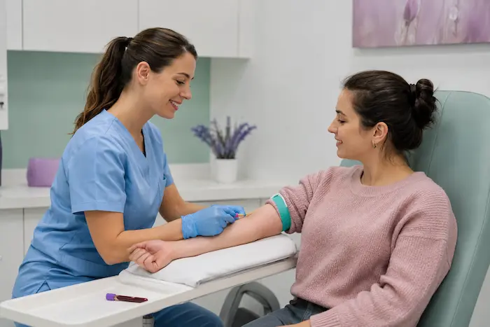 Toma de muestra de sangre en laboratorio clínico, complemento de los exámenes de gabinete