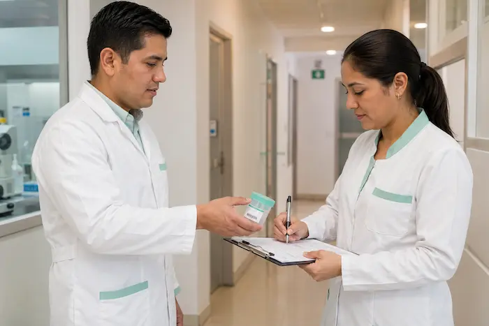 Personal de laboratorio documenta traslado y trazabilidad de muestra clínica